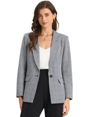 Plaid Notched Lapel One Button Houndstooth Blazer Jacket