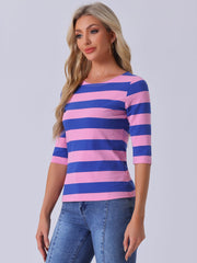 Striped 3/4 Sleeve Casual Basic Boat Neck T-shirt