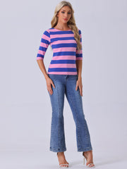 Striped 3/4 Sleeve Casual Basic Boat Neck T-shirt
