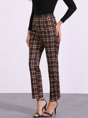 Plaid Cropped Trousers Button Casual Tartan Check Work Pants