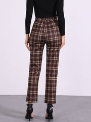 Plaid Cropped Trousers Button Casual Tartan Check Work Pants