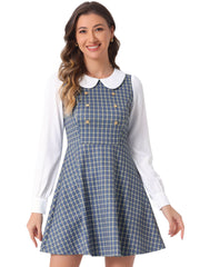Peter Pan Collar Contrast Color Button Decor Plaid Dress