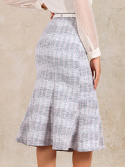 Plaid Belted Fishtail Bodycon Tweed Midi Skirt