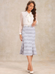 Plaid Belted Fishtail Bodycon Tweed Midi Skirt