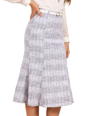 Plaid Belted Fishtail Bodycon Tweed Midi Skirt