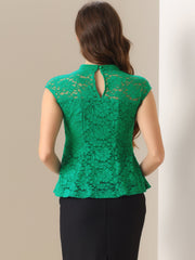 Crochet Peplum Floral Mock Neck Cap Sleeve Lace Blouse