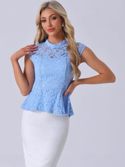 Crochet Peplum Floral Mock Neck Cap Sleeve Lace Blouse