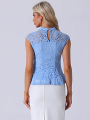 Crochet Peplum Floral Mock Neck Cap Sleeve Lace Blouse