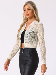 Stand Collar Zip Up Mesh Sheer Lace Crop Bomber Jacket