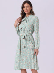Tie Neck Chiffon Long Sleeve Belted Vintage Floral Dress
