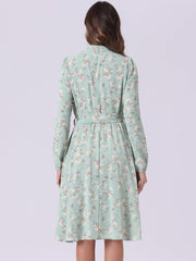 Tie Neck Chiffon Long Sleeve Belted Vintage Floral Dress