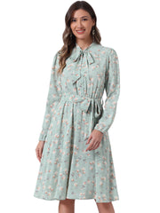 Tie Neck Chiffon Long Sleeve Belted Vintage Floral Dress