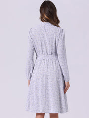Tie Neck Chiffon Long Sleeve Belted Vintage Floral Dress