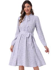 Tie Neck Chiffon Long Sleeve Belted Vintage Floral Dress