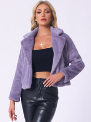 Allegra K Cropped Notch Lapel Faux Fur Fluffy Jacket