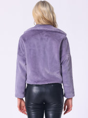 Allegra K Cropped Notch Lapel Faux Fur Fluffy Jacket