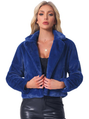 Allegra K Cropped Notch Lapel Faux Fur Fluffy Jacket