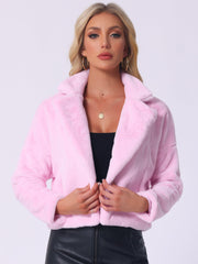 Allegra K Cropped Notch Lapel Faux Fur Fluffy Jacket