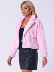 Allegra K Cropped Notch Lapel Faux Fur Fluffy Jacket