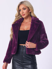 Allegra K Cropped Notch Lapel Faux Fur Fluffy Jacket