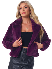 Allegra K Cropped Notch Lapel Faux Fur Fluffy Jacket