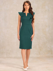 Ruffles V Neck Split Work Pencil Sleeveless Sheath Dress