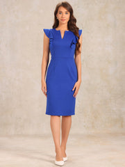 Ruffles V Neck Split Work Pencil Sleeveless Sheath Dress