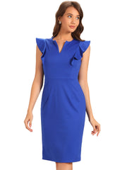 Ruffles V Neck Split Work Pencil Sleeveless Sheath Dress