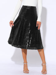 Sequin Sparkly High Waist Glitter Cocktail Party Midi Skirt
