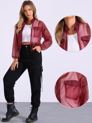 Sheer Zip Up Long Sleeve See Through Bomber Jacket