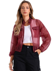 Sheer Zip Up Long Sleeve See Through Bomber Jacket