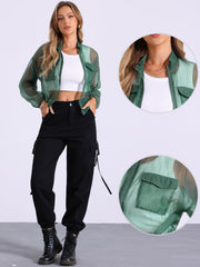 Sheer Zip Up Long Sleeve See Through Bomber Jacket