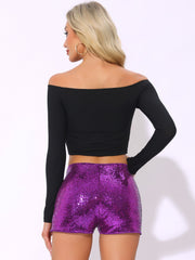 Sequin Midrise Solid Sparkle Cocktail Zipper Elastic Waist Shorts