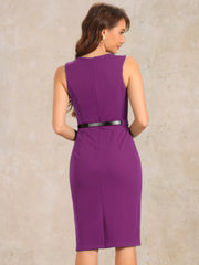 Belted Sheath Round Neck Sleeveless Casual Office Dress