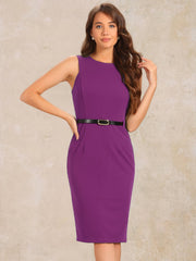 Belted Sheath Round Neck Sleeveless Casual Office Dress