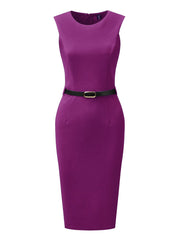 Belted Sheath Round Neck Sleeveless Casual Office Dress