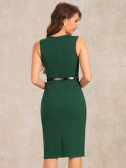 Belted Sheath Round Neck Sleeveless Casual Office Dress
