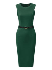 Belted Sheath Round Neck Sleeveless Casual Office Dress