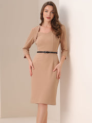 Work Office Dress 3/4 Sleeve Belted Sweetheart Neck Sheath Dress