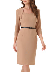 Work Office Dress 3/4 Sleeve Belted Sweetheart Neck Sheath Dress