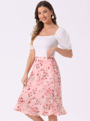 Floral Ruffle Elastic High Waist Button Flowy Split Midi Skirt