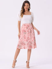 Floral Ruffle Elastic High Waist Button Flowy Split Midi Skirt
