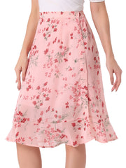 Floral Ruffle Elastic High Waist Button Flowy Split Midi Skirt