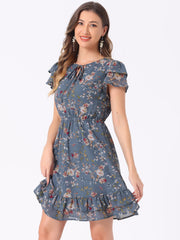 Ruffle Sleeve V Neck Above Knee A-Line Floral Chiffon Dress