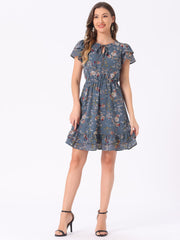 Ruffle Sleeve V Neck Above Knee A-Line Floral Chiffon Dress