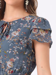 Ruffle Sleeve V Neck Above Knee A-Line Floral Chiffon Dress