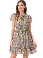 Ruffle Sleeve V Neck Above Knee A-Line Floral Chiffon Dress