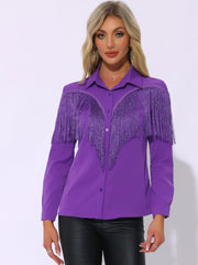 Glitter Fringe Long Sleeve Button Down Disco Party Cowgirl Blouse