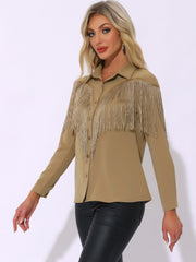 Glitter Fringe Long Sleeve Button Down Disco Party Cowgirl Blouse