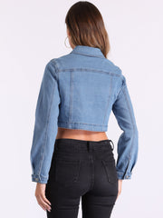 Collared Button Down Long Sleeve Denim Crop Jean Jacket